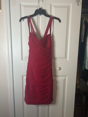 Cache Red Ruched V-Neck Mini Dress